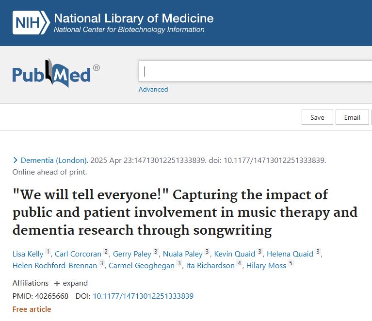 Dementia Research Advisory Team (The ASI) (@drat_asi) on Twitter photo Read <a href="/LisaKellyMT/">Lisa Kelly</a>'s article "We will tell everyone!” Capturing the impact of public and patient involvement in music therapy and dementia research through songwriting" here alzheimer.ie/creating-chang…
Great to see Nuala, Helena, Kevin, Helen, Carmel and Gerry included as co-authors. Read <a href="/LisaKellyMT/">Lisa Kelly</a>'s article "We will tell everyone!” Capturing the impact of public and patient involvement in music therapy and dementia research through songwriting" here alzheimer.ie/creating-chang…
Great to see Nuala, Helena, Kevin, Helen, Carmel and Gerry included as co-authors.