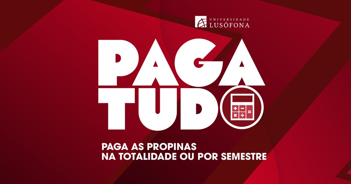 O pagamento total das propinas pode ser vantajoso para si.

Na ULusófona - CUL, com a campanha “Paga Tudo 2025”, pode obter descontos até 5%.

Garanta o seu benefício até setembro!

Descubra todos os detalhes em tinyurl.com/5esaef4t