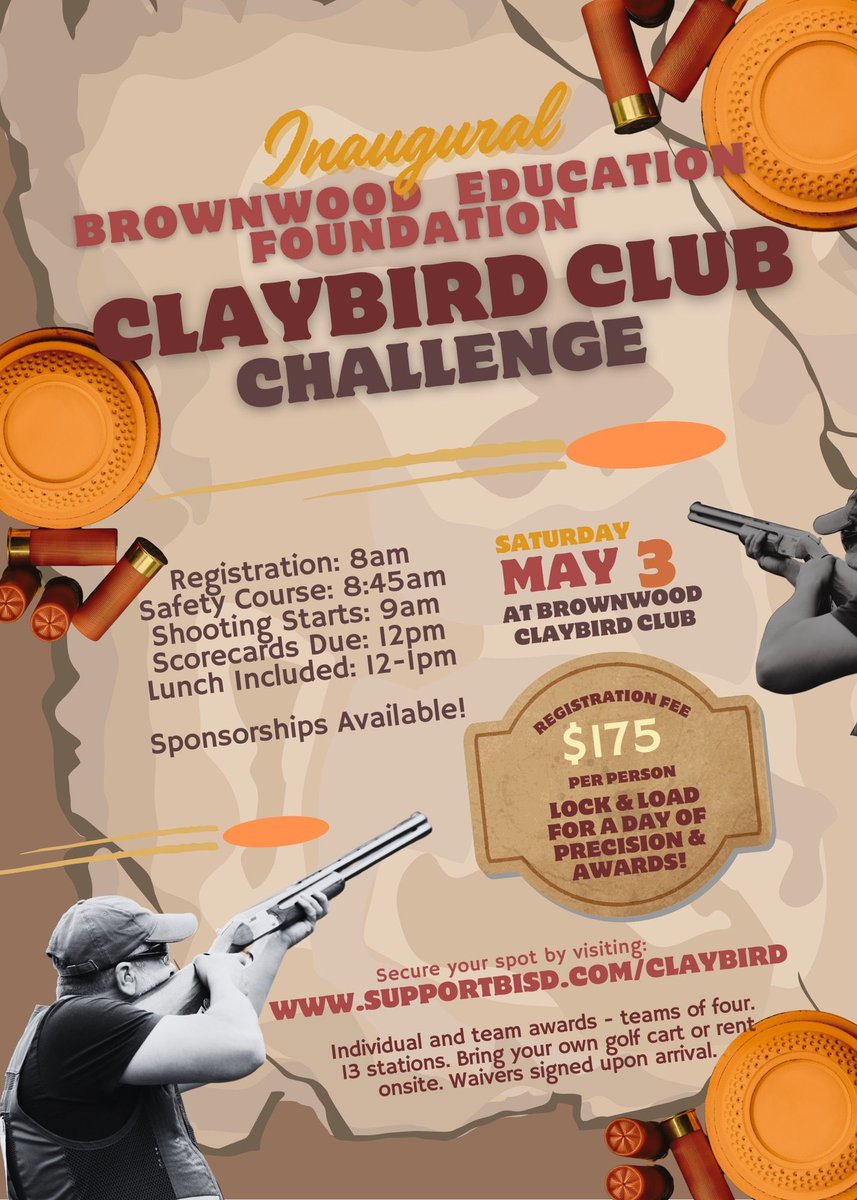 The Claybird Challenge is coming soon! Grab some friends and sharpen those skills! Awards for individuals and groups will be given. Lunch is provided. And all funds raised bring helpful scholarships to students, teachers, to classroom grants, and more. SupportBISD.com