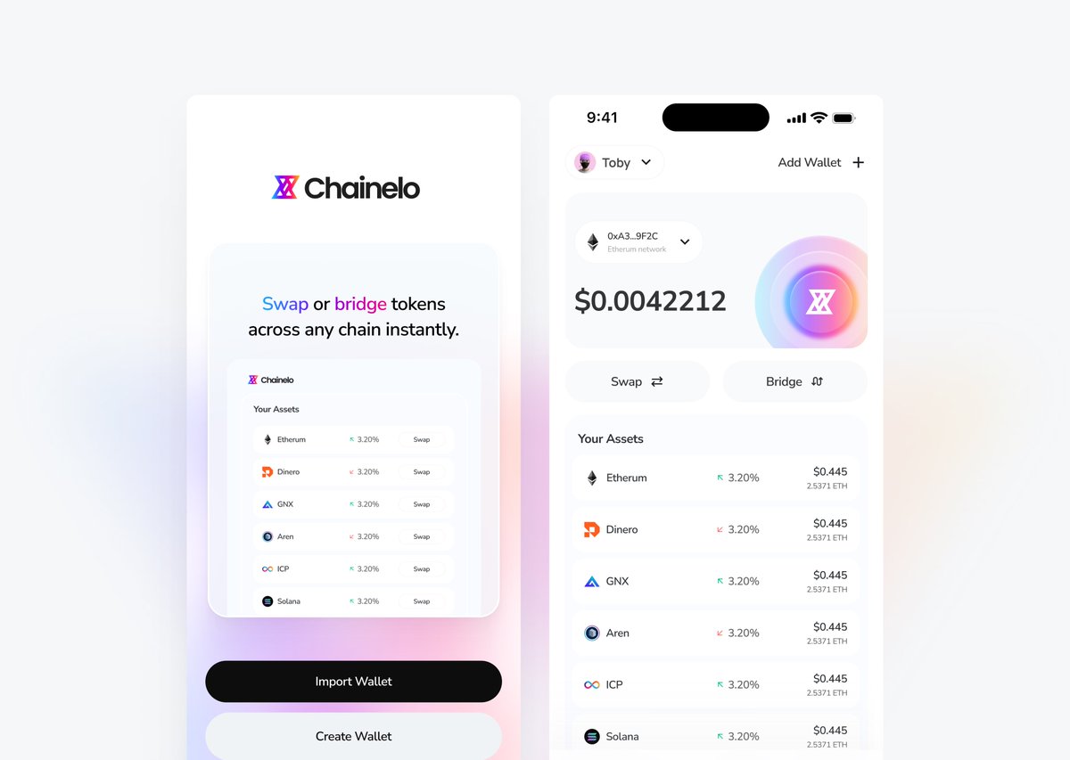 TobyDesignX's tweet image. Designed Chainelo, a simple mobile app for effortless swapping and bridging of crypto tokens. Focusing on seamless cross-chain transactions with a smooth, tap-and-go experience anyone can use. 

 #UIDesign #figma #Web3