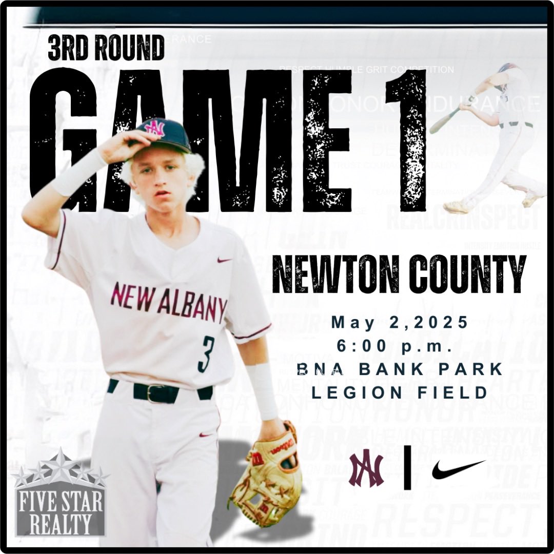 🏆 Five Star Realty Game Day🏆
⚾️ Newton County
📅 Today
⏰ 6:00 p.m.
📍 BNA Bank Park
🏟️ Legion Field
🌡️ 70 Degrees
📊 Follow live stats on GameChanger