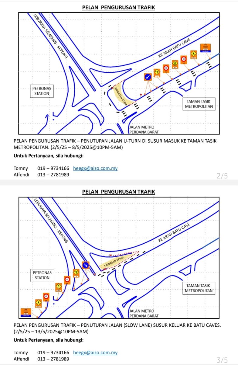 AsalGombak's tweet photo. Notis Penutupan Sementara Jalan di MRR2 dan Jalan Selayang-Kepong bagi kerja-kerja perobohan dan pelebaran jalan.

Tarikh : 2 - 17/5/2025
Lokasi : MRR2 - Susur masuk ke Taman Metropolitan, Kepong &amp; Susur keluar ke Batu Caves
Masa: 10 PM - 5 AM https://t.co/1XkXgjvN8O