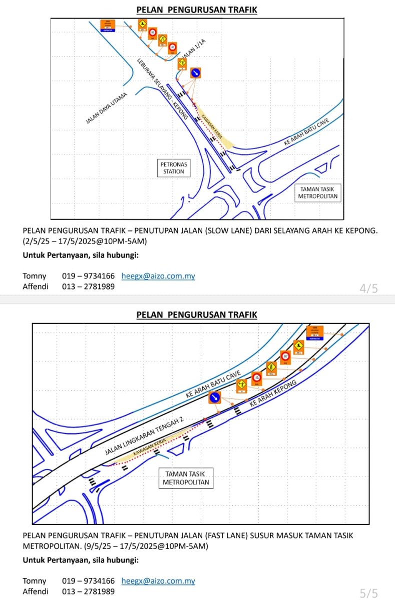Notis Penutupan Sementara Jalan di MRR2 dan Jalan Selayang-Kepong bagi kerja-kerja perobohan dan pelebaran jalan.

Tarikh : 2 - 17/5/2025
Lokasi : MRR2 - Susur masuk ke Taman Metropolitan, Kepong &amp; Susur keluar ke Batu Caves
Masa: 10 PM - 5 AM