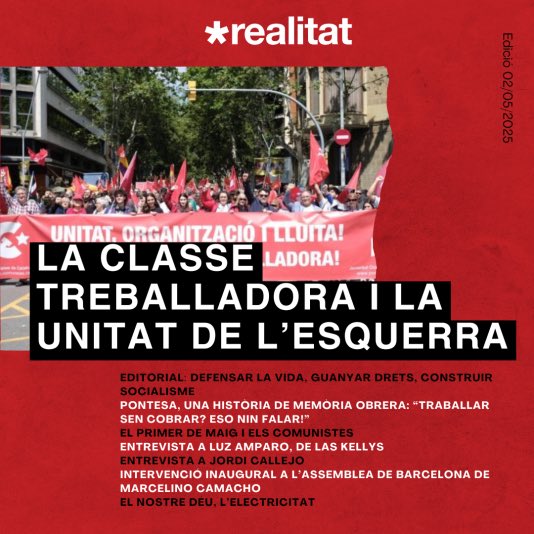 larealitat's tweet photo. 🔴NOVA EDICIÓ

🗞️Avui podeu llegir el manifest pel 1 de maig a l’editorial. I a més, com sempre, teniu diversos articles sobre la situació del moviment obrer i el treball; entrevistes a Luz Amparo, de les Kellys, a Jordi Callejo, víctima del racisme a la feina; i molt més.

🧵FIL https://t.co/GI5SBK5IYY