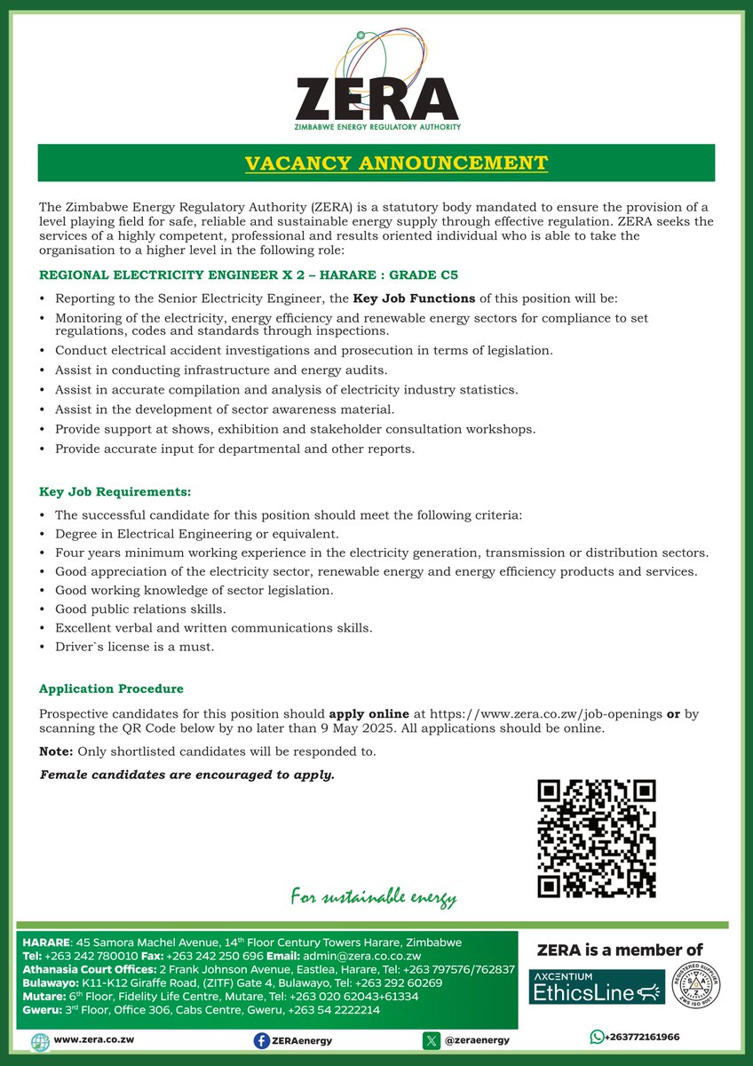 #ZERA Vacancies: 
1. Risk and Compliance Manager
2. Regional Electricity Engineer  X 2

<a href="/VacancyMail/">VacancyMail.co.zw</a>
<a href="/ihararejobs/">iHarare Jobs</a>
<a href="/Zimjobs/">Zimbabwe Jobs</a>
<a href="/zimjobsharing/">Resume PRO Careers.</a>
<a href="/jobzim/">Jobzim</a>