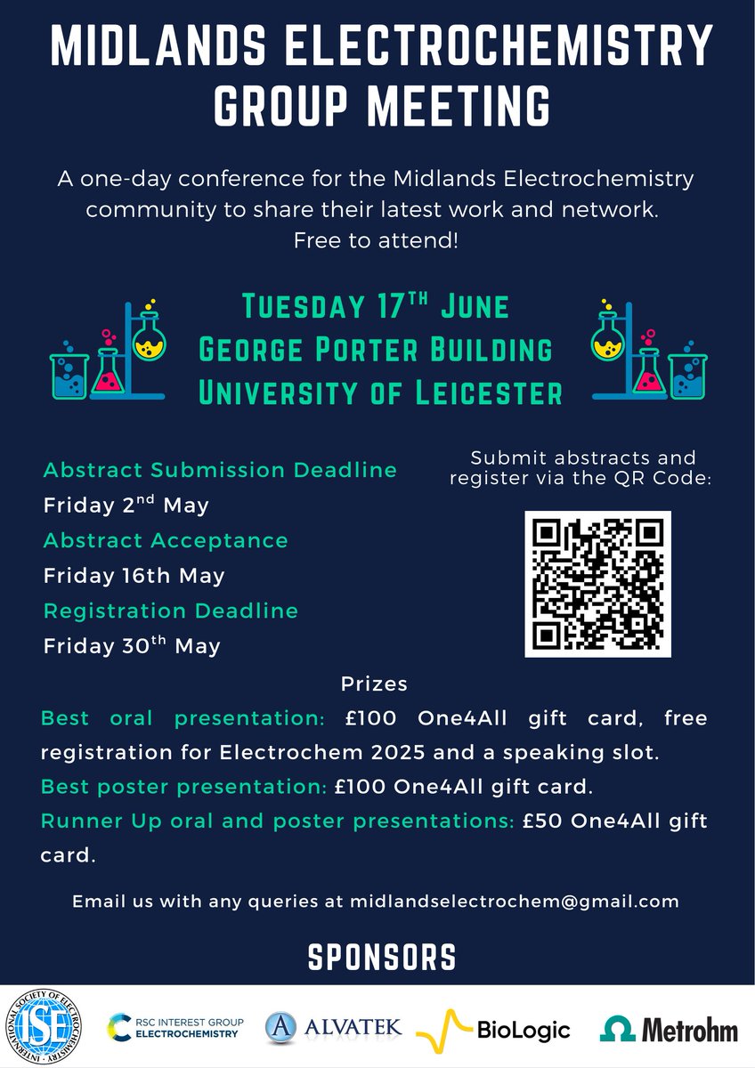 FREE to attend! Electrochemists in the Midlands are invited to the upcoming group meeting at the University of Leicester on the 17th of June 2025. Abstracts can be submitted via this link. sites.google.com/view/megmeeting