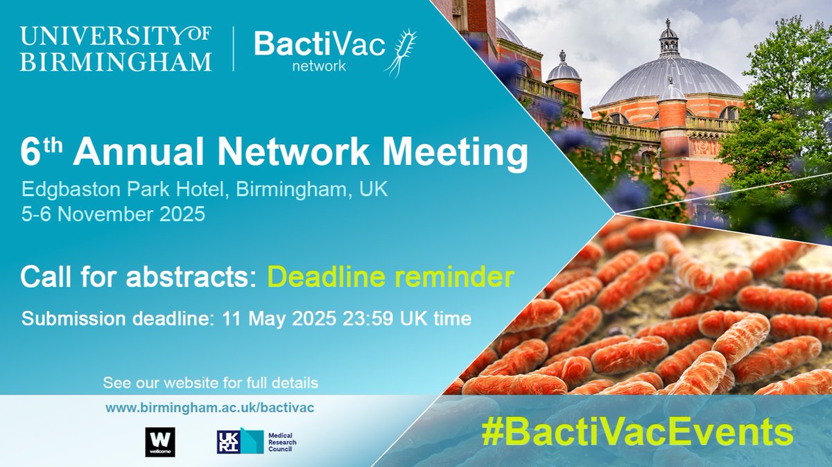 BactiVac Network (@bactivac) on Twitter photo REMINDER! Call for abstracts for <a href="/BactiVac/">BactiVac Network</a>’s 6th Annual Network Meeting is currently open.
Submit an abstract: bit.ly/ANM6
Submission deadline: 11 May 2025 23:59 UK time
More information about the event on our website: bit.ly/ANM6
#BactiVacEvents REMINDER! Call for abstracts for <a href="/BactiVac/">BactiVac Network</a>’s 6th Annual Network Meeting is currently open.
Submit an abstract: bit.ly/ANM6
Submission deadline: 11 May 2025 23:59 UK time
More information about the event on our website: bit.ly/ANM6
#BactiVacEvents