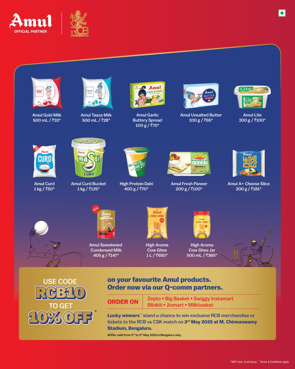 Amul_Coop's tweet image. Amulp artners with Royal Challengers Bengaluru! Use code RCB10 to get 10% off on Amul products. Order via our Q-comm partners.
Offer valid  2nd- 3rd May 2025 in Bengaluru
Lucky winners win RCB merch / ticket RCB vs CSK match 3rd May25 at M. Chinnaswamy Stadium
#Amul #ExcitingDeal