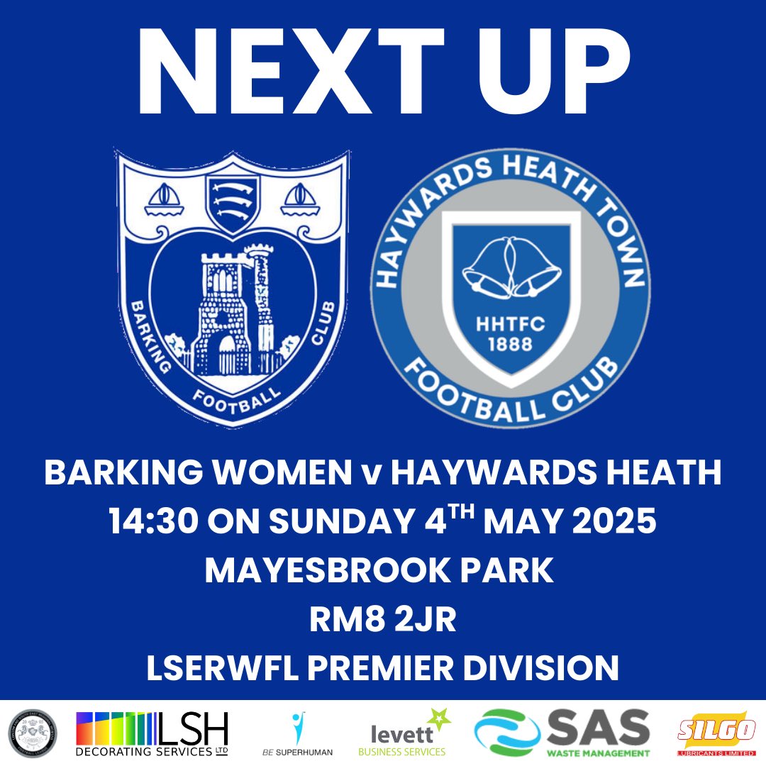 𝗡𝗲𝘅𝘁 𝘂𝗽 𝗳𝗼𝗿 𝗕𝗮𝗿𝗸𝗶𝗻𝗴 𝗙𝗖 𝗪𝗼𝗺𝗲𝗻 🔵

We host <a href="/HHTWomen/">Haywards Heath Town Women</a> at Mayesbrook Park in the LSERWFL Premier Division 🤝

🗓️ Sun 4 May
⏱️ 14:30 Kick-Off
🆚 Haywards Heath Town Women
🏟️ Mayesbrook Park, RM8 2JR
🏆 LSERWFL Premier Division 

<a href="/barkingfc/">Barking FC</a> | #BarkingFCWomen