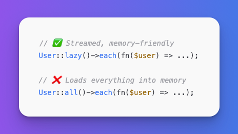 laravelbackpack's tweet photo. #Laravel lazy() vs get()

Did you know.... You can stream large datasets from the DB using lazy() — way more memory-efficient than get(). https://t.co/xdpBkRjXDA