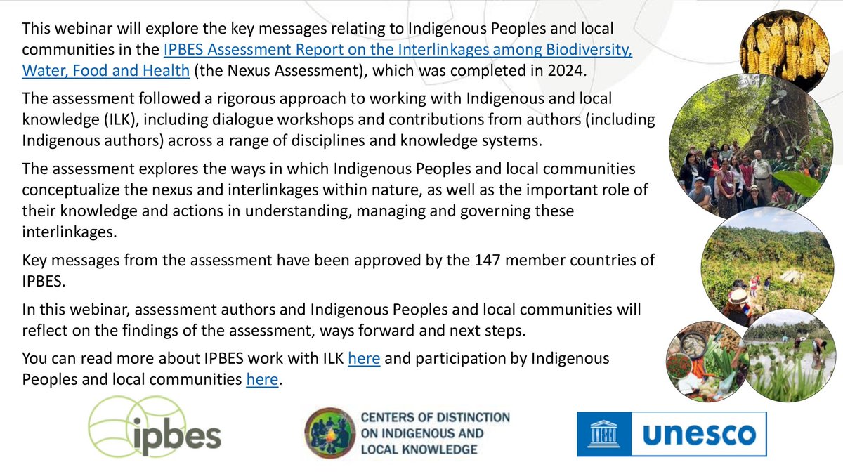 BES-Net (Biodiversity and Ecosystems Network) (@besnet_undp) on Twitter photo 🌿 How do Indigenous Peoples shape global solutions?
Join the upcoming webinar by <a href="/IPBES/">ipbes</a>, <a href="/UNESCO/">UNESCO 🏛️ #Education #Sciences #Culture 🇺🇳</a> & the Centres of Distinction on Indigenous and Local Knowledge to explore their role in the #NexusAssessment.
🗓️ 15 May
🕑 2–4 p.m. (Paris)
unesco-org.zoom.us/webinar/regist… 🌿 How do Indigenous Peoples shape global solutions?
Join the upcoming webinar by <a href="/IPBES/">ipbes</a>, <a href="/UNESCO/">UNESCO 🏛️ #Education #Sciences #Culture 🇺🇳</a> & the Centres of Distinction on Indigenous and Local Knowledge to explore their role in the #NexusAssessment.
🗓️ 15 May
🕑 2–4 p.m. (Paris)
unesco-org.zoom.us/webinar/regist…