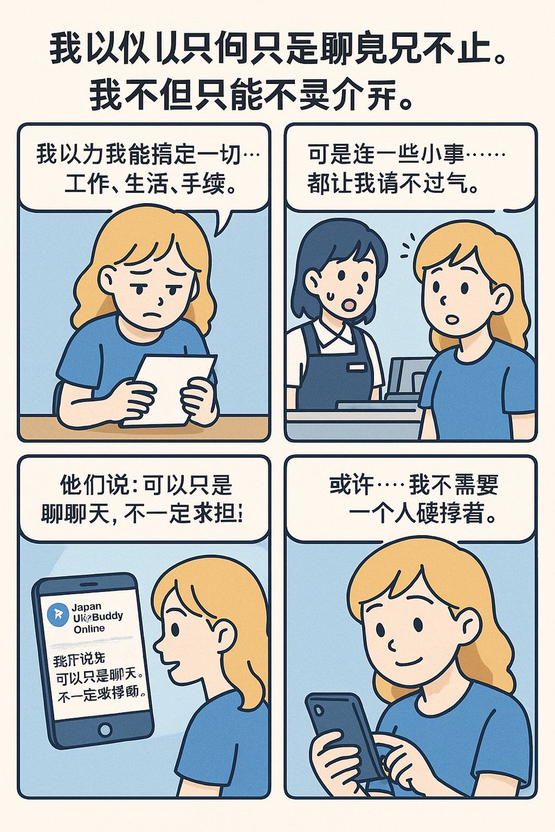 JapanLife83021's tweet photo. 我以为我必须独自应对一切。

如果你在日本生活，偶尔也会被小事压垮，
那么这篇四格漫画就是为你准备的。

你不用讲一口流利的日语，
你只需要，开始一段对话。

随时可以发DM，我们在这。

#在日外国人 #外国人支援 #日本生活 #心灵支持
#JapanLifeBuddy #在日本的你不孤单 https://t.co/PIbRvXfSD7