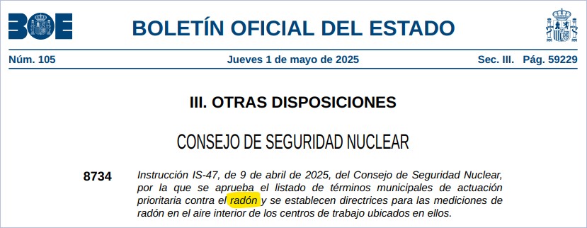 INSST (@insst_mites_gob) on Twitter photo 📰 BOE 01/05/25 ☢️ #RADÓN
🔵 Listado de términos municipales de actuación prioritaria
🔵 Directrices para las mediciones de radón en el aire interior de los centros de trabajo
Acceso a la instrucción del <a href="/CSN_es/">Consejo de Seguridad Nuclear</a> 👉🏻 run.gob.es/dmv90a75
#INSST 📰 BOE 01/05/25 ☢️ #RADÓN
🔵 Listado de términos municipales de actuación prioritaria
🔵 Directrices para las mediciones de radón en el aire interior de los centros de trabajo
Acceso a la instrucción del <a href="/CSN_es/">Consejo de Seguridad Nuclear</a> 👉🏻 run.gob.es/dmv90a75
#INSST