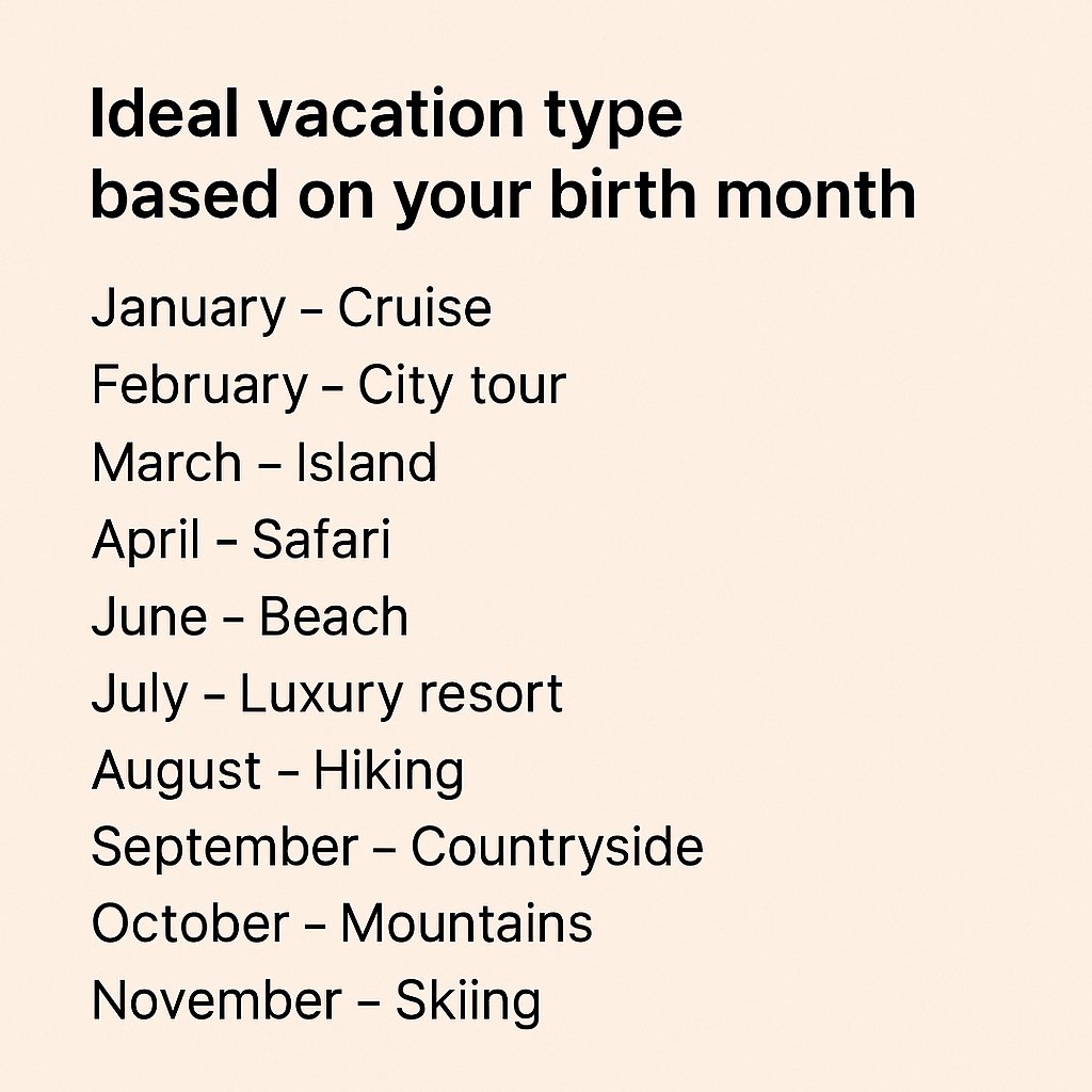 Faresmatch_'s tweet image. 📍Your ideal vacation by birth month 😎✈️

Swipe to see where your soul belongs (or doesn’t...)

P.S. December folks—stay home, drink cocoa, and cancel all plans. You are the vacation. 😂❄️🛋️

#TravelHumor #BirthMonthVibes #StayHomeDecember #Wanderlust