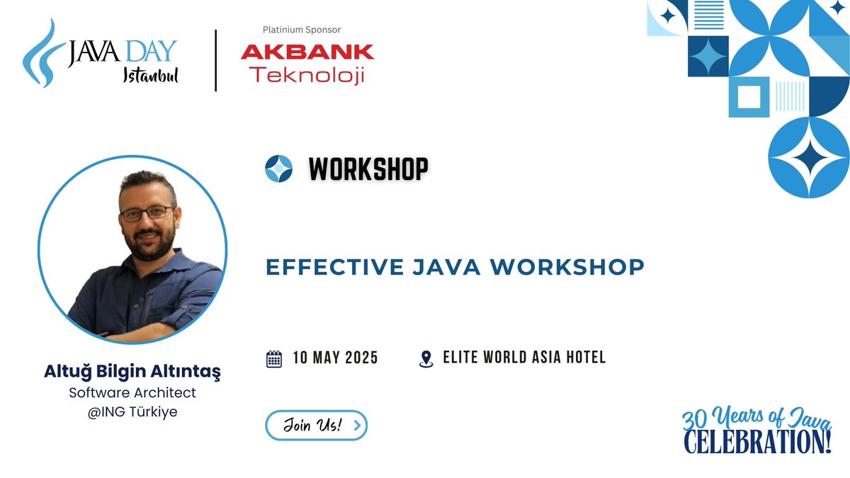 Java Day Istanbul (@javadayistanbul) on Twitter photo 🚀 Join us at Java Day Istanbul 2025 for an exclusive workshop with <a href="/altugaltintas/">Altuğ B. Altıntaş</a> , Software Architect <a href="/ingturkiye/">ING Türkiye</a> ! 🚀
🎯 𝗪𝗼𝗿𝗸𝘀𝗵𝗼𝗽: 𝗘𝗳𝗳𝗲𝗰𝘁𝗶𝘃𝗲 𝗝𝗮𝘃𝗮
📅 Date: May 10, 2025
📍 Venue: Elite World Asia Hotel
<a href="/altugaltintas/">Altuğ B. Altıntaş</a> , Software Architect <a href="/ingturkiye/">ING Türkiye</a> , 🚀 Join us at Java Day Istanbul 2025 for an exclusive workshop with <a href="/altugaltintas/">Altuğ B. Altıntaş</a> , Software Architect <a href="/ingturkiye/">ING Türkiye</a> ! 🚀
🎯 𝗪𝗼𝗿𝗸𝘀𝗵𝗼𝗽: 𝗘𝗳𝗳𝗲𝗰𝘁𝗶𝘃𝗲 𝗝𝗮𝘃𝗮
📅 Date: May 10, 2025
📍 Venue: Elite World Asia Hotel
<a href="/altugaltintas/">Altuğ B. Altıntaş</a> , Software Architect <a href="/ingturkiye/">ING Türkiye</a> ,