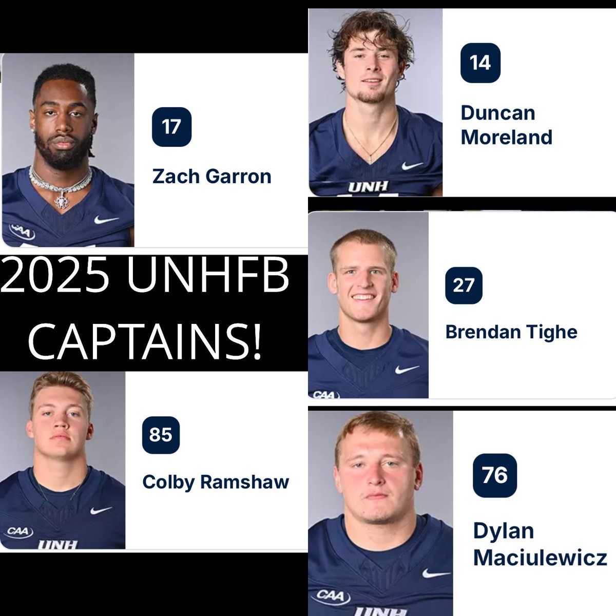 UNHCatClub's tweet photo. CONGRATULATIONS to your 2025 @UNH_Football Captains🎉‼️ https://t.co/CNx8w9weMd
