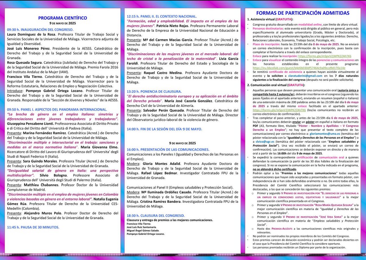 🚨 📢 El 9/05  tendrá lugar ONLINE el V Congreso Internacional sobre el Derecho de las Personas a un empleo en condiciones justas, equitativas y saludables, que pondrá el foco en la discriminación múltiple de las mujeres jóvenes. 
Toda la info: goo.su/wJHl