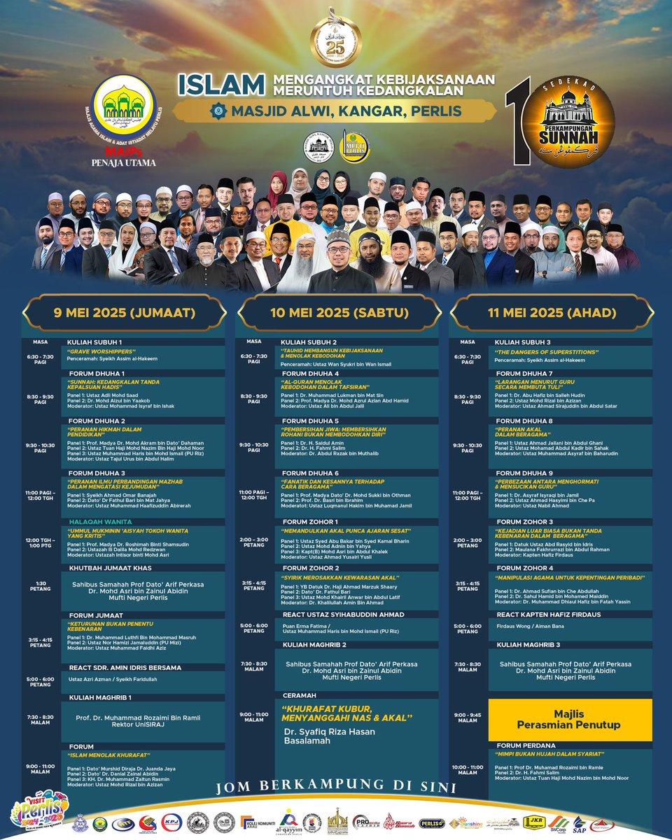 abuhafiz1's tweet photo. Aturcara penuh dan rasmi Perkampungan Sunnah ke-10 telah dikeluarkan. Dijemput hadir bagi yang berkelapangan yang bertempat di Masjid Alwi, Kangar, Perlis dari 9-11 Mei 2025. 

Jumpa disana, inshaAllah! https://t.co/zvaE2yxrLr