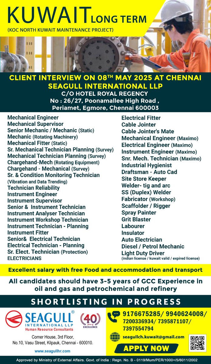 hrd1_seagull's tweet image. 🇰🇼Kuwait Jobs
📝Client Interview On 8th May 
📍Location - Chennai
. 

.

.
#kuwaitjobs #mechanicalengineer #sitestorekeeper #spraypainter