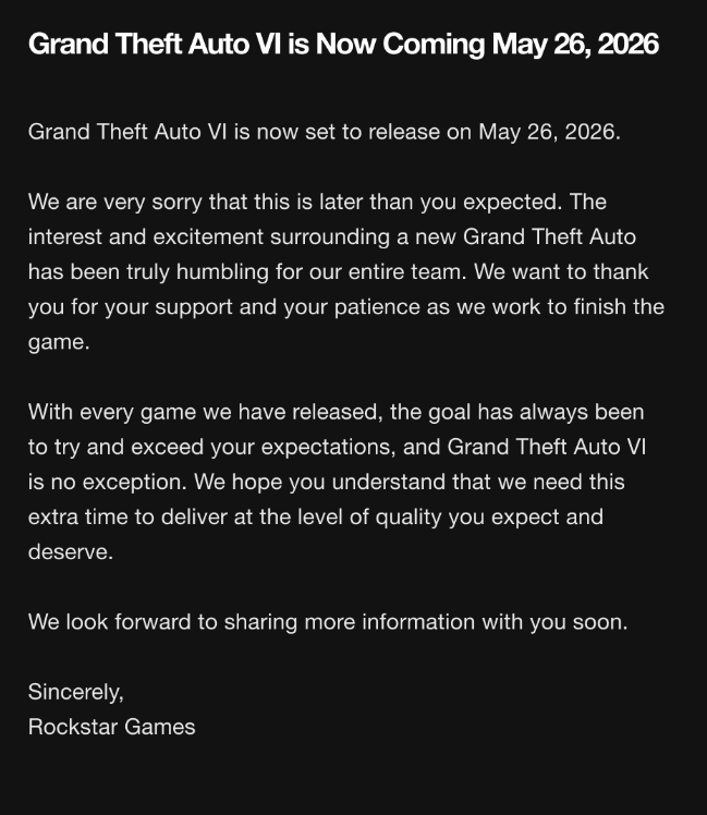 ComMilit's tweet image. Grand Theft Auto VI is now set to release on May 26, 2026.