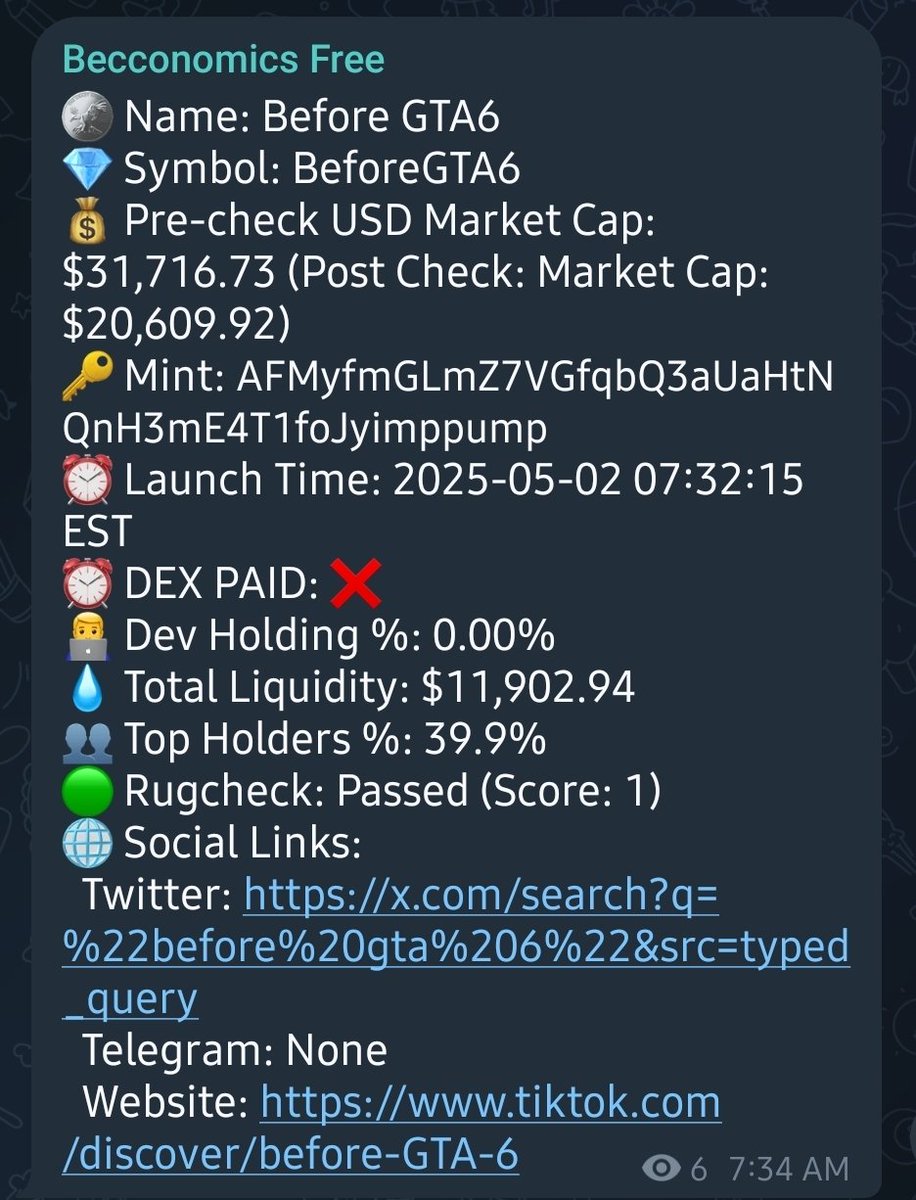Alerted Before GTA6 at only 20k market cap and it has hit over $200k market cap in minutes.

This is the future of finance. Join the lounge today! t.me/becco_ai and type 'Becconomics'