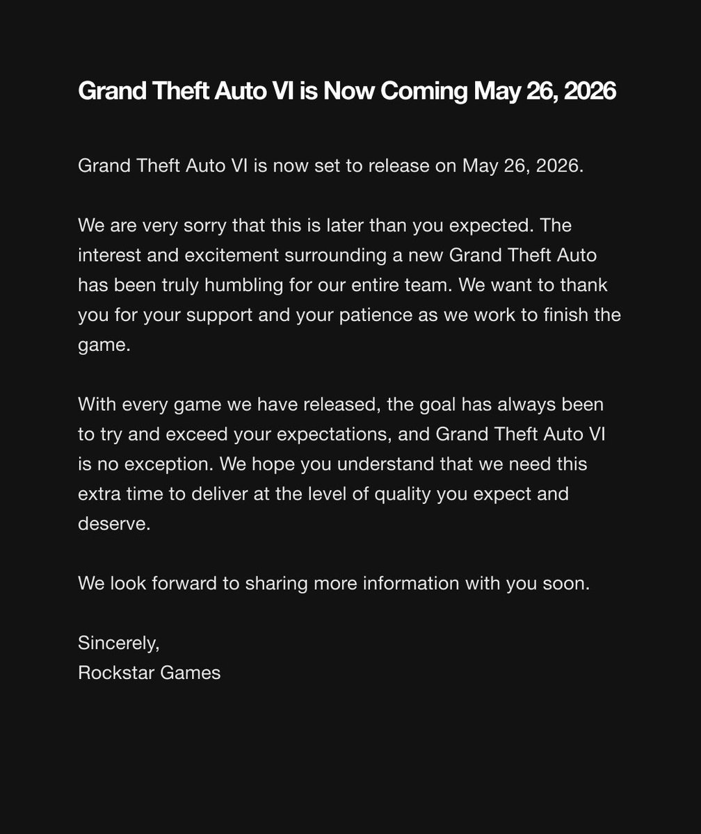 Well that's bummer!
Nintendo will be happy about this though.
More likely people will take up Switch 2 in the meantime.

#Rockstar #GTA6