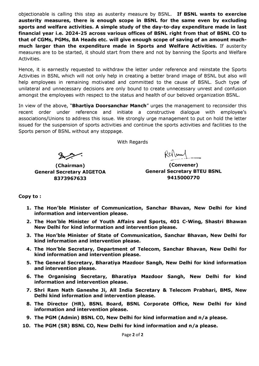 AIGETOA , Recognised Association of BSNL tweet media