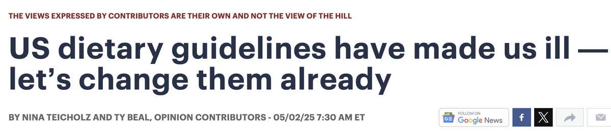 Just out! Op-ed with <a href="/TyRBeal/">Ty Beal</a> in <a href="/thehill/">The Hill</a> 
-&gt; The US Dietary Guidelines do not provide the basic nutrition essential for good health.
Bottom line: 
We need to get nutrition back into nutrition policy
thehill.com/opinion/health…
-&gt; Even if you follow the guidelines to the letter, you