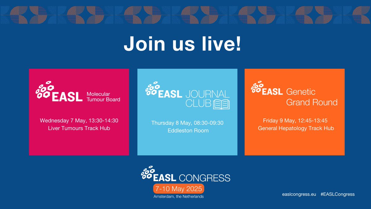 EASL Education (@easledu) on Twitter photo Onsite at #EASLCongress 2025? Catch these <a href="/EASLedu/">EASL Education</a> events live in Amsterdam! 👇
📘EASL Journal Club: events-apps.easl.eu/easl2025/en-GB…
🧬EASL Molecular Tumour Board: events-apps.easl.eu/easl2025/en-GB…
🧪EASL Genetic Grand Round: events-apps.easl.eu/easl2025/en-GB…
#LiverX #EASLGGR #EASLMTB #EASLJC Onsite at #EASLCongress 2025? Catch these <a href="/EASLedu/">EASL Education</a> events live in Amsterdam! 👇
📘EASL Journal Club: events-apps.easl.eu/easl2025/en-GB…
🧬EASL Molecular Tumour Board: events-apps.easl.eu/easl2025/en-GB…
🧪EASL Genetic Grand Round: events-apps.easl.eu/easl2025/en-GB…
#LiverX #EASLGGR #EASLMTB #EASLJC