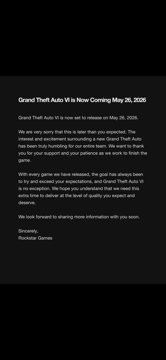 عاجل رسميا GTA 6 سوف تصدر في ٢٦ مايو ٢٠٢٦ 

#GTA6
#GTAVI