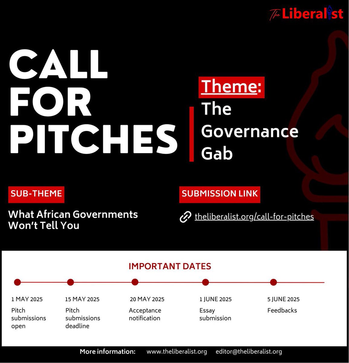 The Liberalist (@_theliberalist) on Twitter photo Call for Pitches
For our upcoming issue at <a href="/_theliberalist/">The Liberalist</a>, we’re digging into the gap between what African governments say and what they leave out.
Our theme, “The Governance Gab: What #African #Governments Won’t Tell You,” is about exposing the untold truths, the... Call for Pitches
For our upcoming issue at <a href="/_theliberalist/">The Liberalist</a>, we’re digging into the gap between what African governments say and what they leave out.
Our theme, “The Governance Gab: What #African #Governments Won’t Tell You,” is about exposing the untold truths, the...