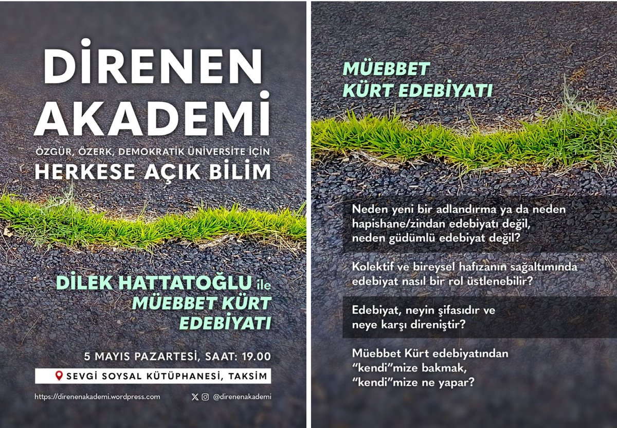 @direnenakademi (@direnenakademi.bsky.social) (@direnenakademi) on Twitter photo 📢Özgür, özerk, demokratik üniversiteler için herkese açık derslerde
Dilek Hattatoğlu ile “Müebbet Kürt Edebiyatı”
🗓5 Mayıs Pazartesi 19:00'da Sevgi Soysal Kütüphanesi'ne bekleriz!
#DirenenAkademiAçıkDersler
#AçıkBilim
<a href="/ibbkutuphane_/">İBB Kütüphane</a> 📢Özgür, özerk, demokratik üniversiteler için herkese açık derslerde
Dilek Hattatoğlu ile “Müebbet Kürt Edebiyatı”
🗓5 Mayıs Pazartesi 19:00'da Sevgi Soysal Kütüphanesi'ne bekleriz!
#DirenenAkademiAçıkDersler
#AçıkBilim
<a href="/ibbkutuphane_/">İBB Kütüphane</a>