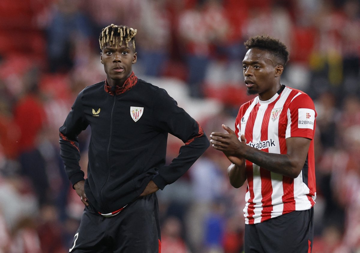 Soccer Football - Europa League - Semi Final - First Leg - Athletic Bilbao v Manchester United - San Mames, Bilbao, Spain - May 1, 2025 Athletic Bilbao's Nico Williams and Alvaro Djalo look dejected after the match REUTERS/Vincent West