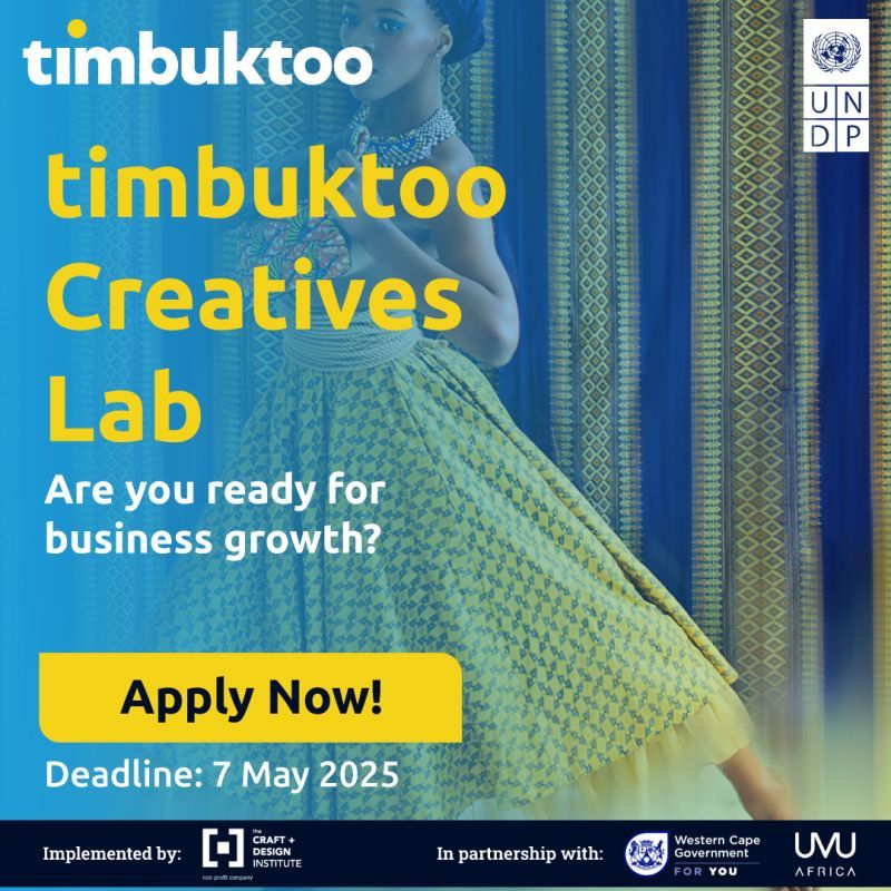 📢 Call for Applications: UNDP Timbuktoo Creatives Lab 2025 🎨

The United Nations Development Programme (UNDP), in partnership with The Craft + Design Institute (CDI), invites applications for the timbuktoo Creatives Lab 2025. This accelerator programme is designed to support 15