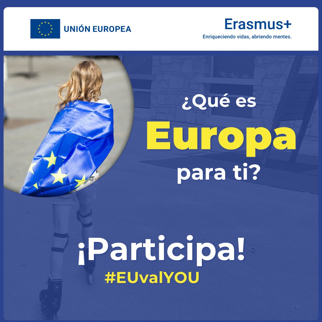 eTwinning_es's tweet photo. 🎥¡Participa! Grábate un vídeo de no más de 15 seg en castellano y en horizontal contando qué es Europa para ti
👉Podrás ser elegido y formar parte de un vídeo que @ErasmusPlusInd publicará el 9 de mayo
Etiqueta al SEPIE y añade #EUvalYOU. https://t.co/RxZjKdfrj9