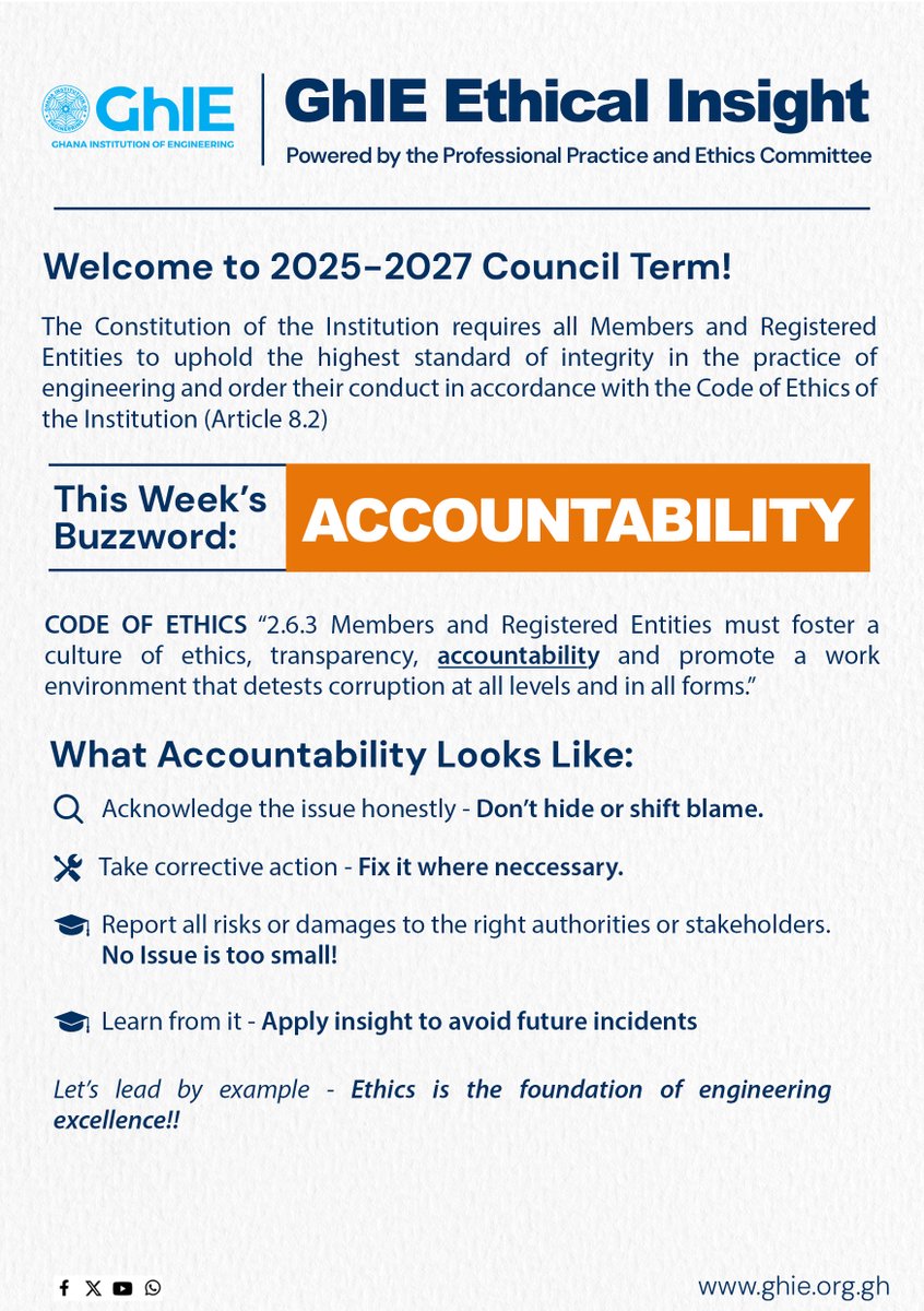 Buzzword of the Week: ACCOUNTABILITY!

Let’s uphold integrity and transparency in all we do. No issue is too small—own it, fix it, and learn from it!

#GhIE #EthicalInsight #Accountability #EngineeringEthics