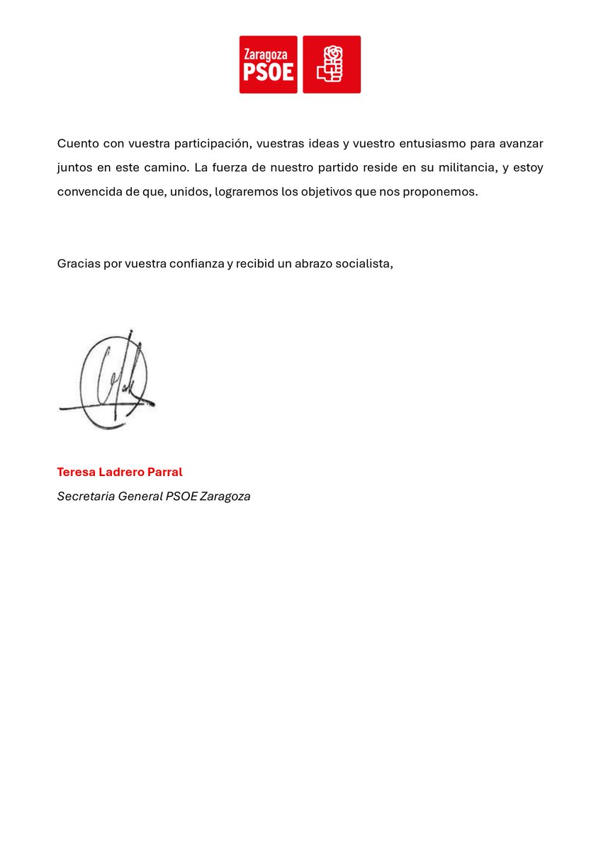 📄 Carta de Teresa Ladrero, nueva Secretaria General del <a href="/zaragozapsoe/">PSOE Zaragoza</a>, a las y los militantes de la provincia de #Zaragoza

👉 zaragoza.aragonpsoe.es/2025/05/02/car…