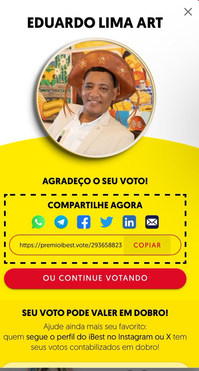 Bixin! Vocês podem me ajudar? Estou concorrendo na seleção iBest 2025. Apoiem meu trabalho em favor da arte e cultura brasileira ♥️

premioibest.vote/293658823