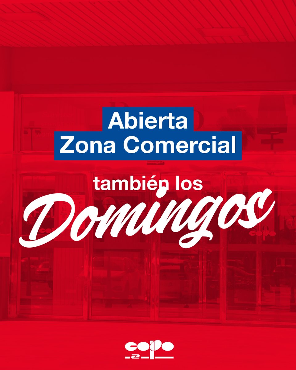 Desde el mes de mayo, nuestra zona comercial abre también todos los domingos, de 11:00 a 21:00 h, para que disfrutes de tus tiendas favoritas cuando más te apetezca.🛍️🎉
📆Toma nota: más días, más compras, más planes.

#TanNuestro #copo #parquecomercialcopo
