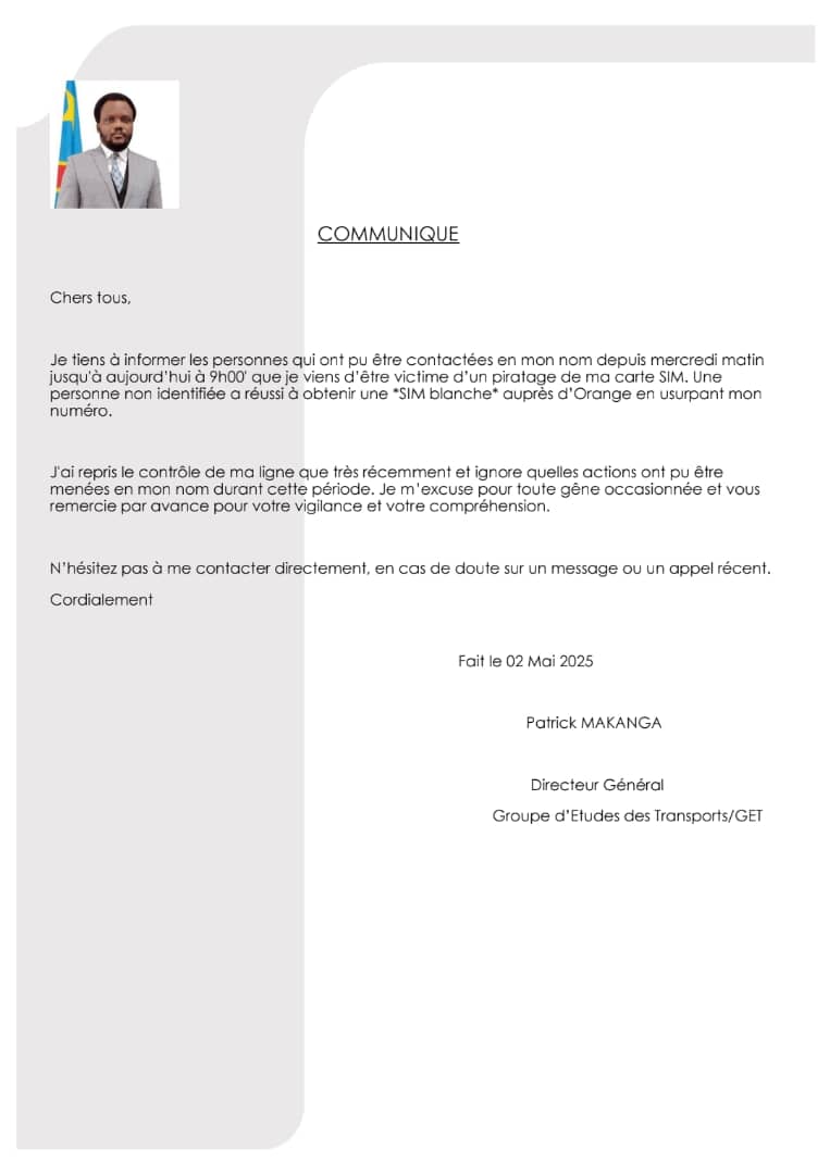 Urgent🚨🚨

 COMMUNIQUÉ du DG <a href="/PatrickMakanga6/">Patrick Makanga</a>