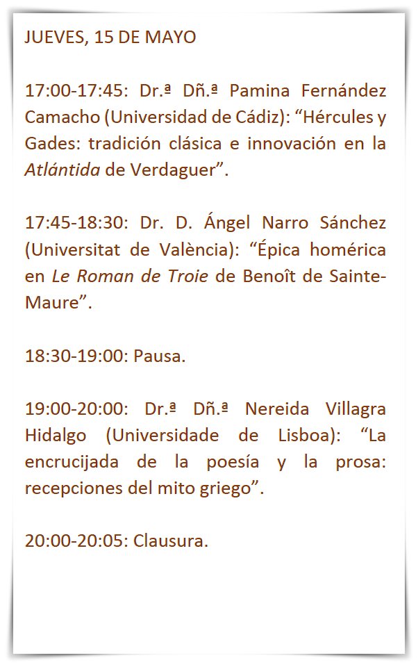 Apuntad en vuestras agendas: 👉 IV JORNADAS CIENTÍFICAS SOBRE POESÍA GRIEGA Y LATINA: POESÍA E HISTORIA. 
       Salón de Grados de la Facultad de Filosofía y Letras , 14-15 de mayo de 2025, UCA <a href="/univcadiz/">Universidad de Cádiz</a> <a href="/SEEC_nacional/">SEEC</a> <a href="/selat_org/">Sociedad de Estudios Latinos (SELat)</a>