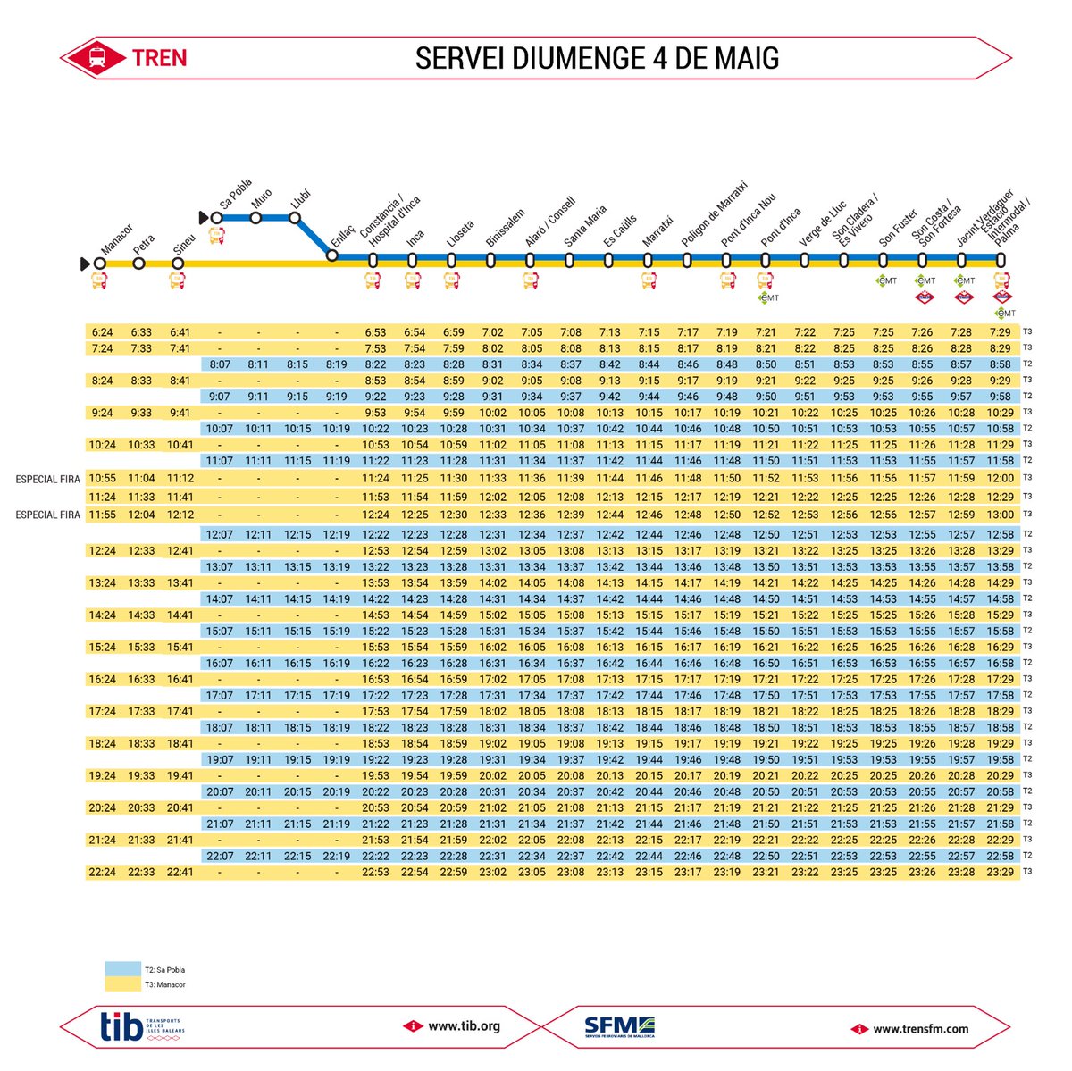 ➡️ Aquest diumenge dia 4 de maig reforçam el servei matinal Palma-Manacor en tots dos sentits amb motiu de la celebració de la Fira de Maig a #Sineu.

Podeu consultar aquí l'horari complet del servei
                                           👇