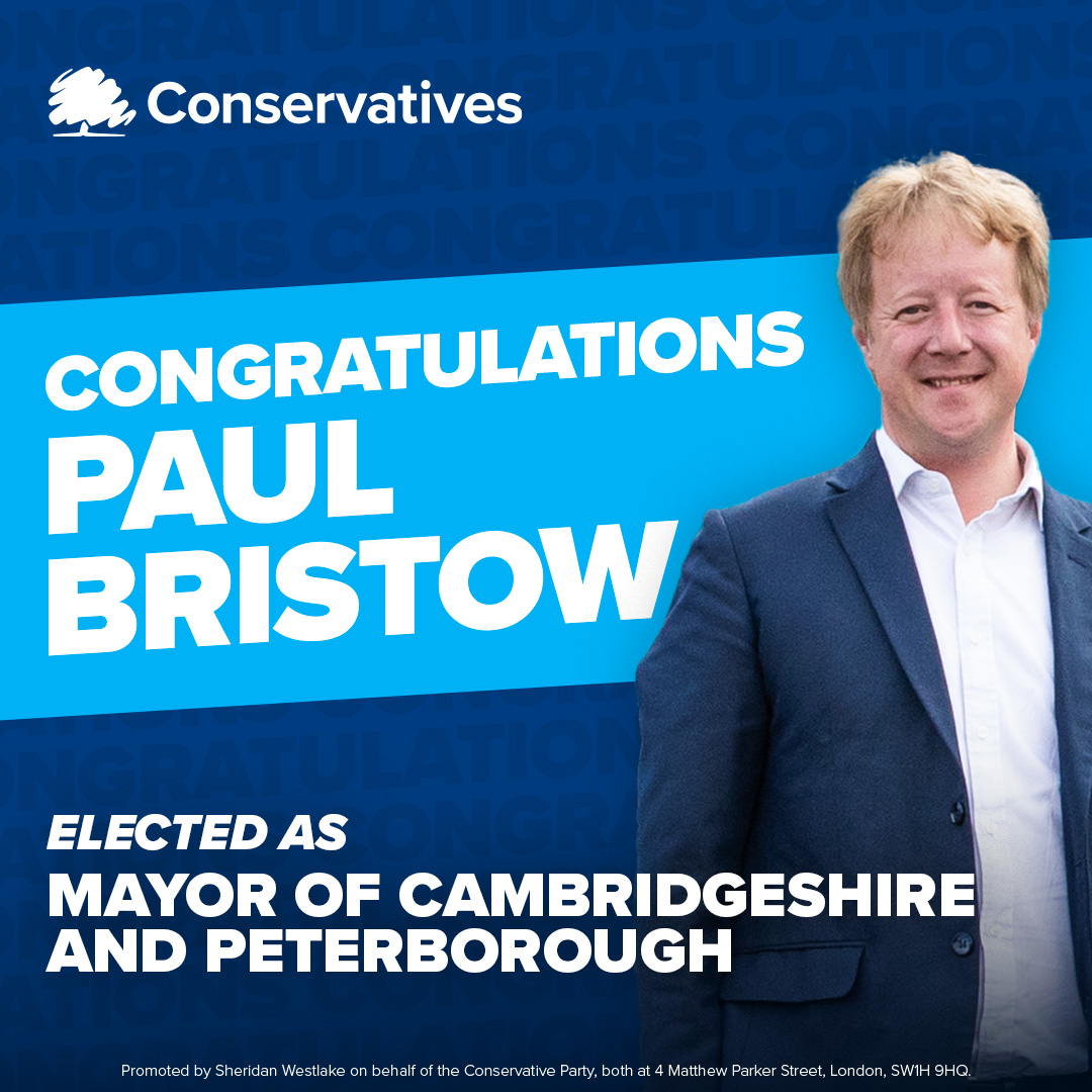 Conservatives (@conservatives) on Twitter photo Congratulations to the new Conservative Mayor of Cambridgeshire and Peterborough <a href="/paulbristow79/">Paul Bristow</a>!
Conservative GAIN from Labour. Congratulations to the new Conservative Mayor of Cambridgeshire and Peterborough <a href="/paulbristow79/">Paul Bristow</a>!
Conservative GAIN from Labour.