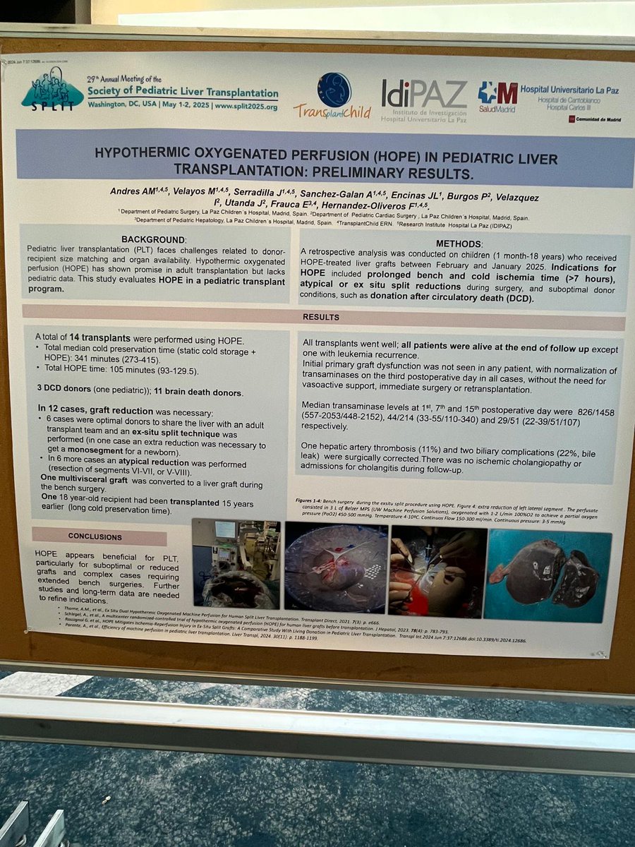 Latest research on HOPE in pediatric liver transplantation was presented at the SPLIT Meeting yesterday in Washington D.C. HOPE may benefit cases with suboptimal/reduced grafts or complex surgeries. Thanks to @HospitalLaPaz for sharing this important data. 

#SPLIT2025 #HOPE