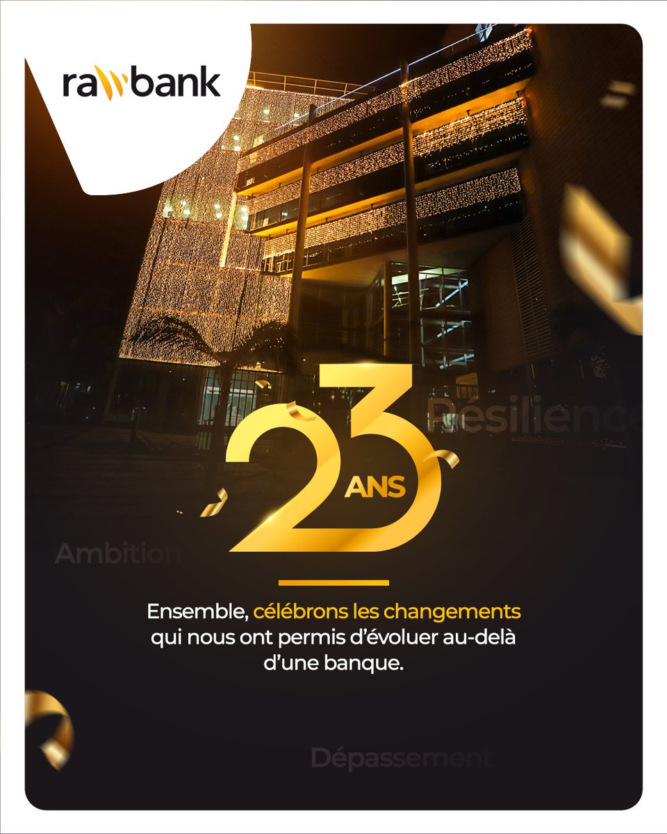 🎉 Depuis 23 ans, nous grandissons avec vous. 

Célébrons ensemble les transformations qui nous ont permis de devenir bien plus qu’une banque. Merci pour votre confiance.

Au-delà d'une banque, l'avenir commence ici. 🔥
  
#Rawbank #RDC #AuDelaDuneBanque #Rawbank23Ans