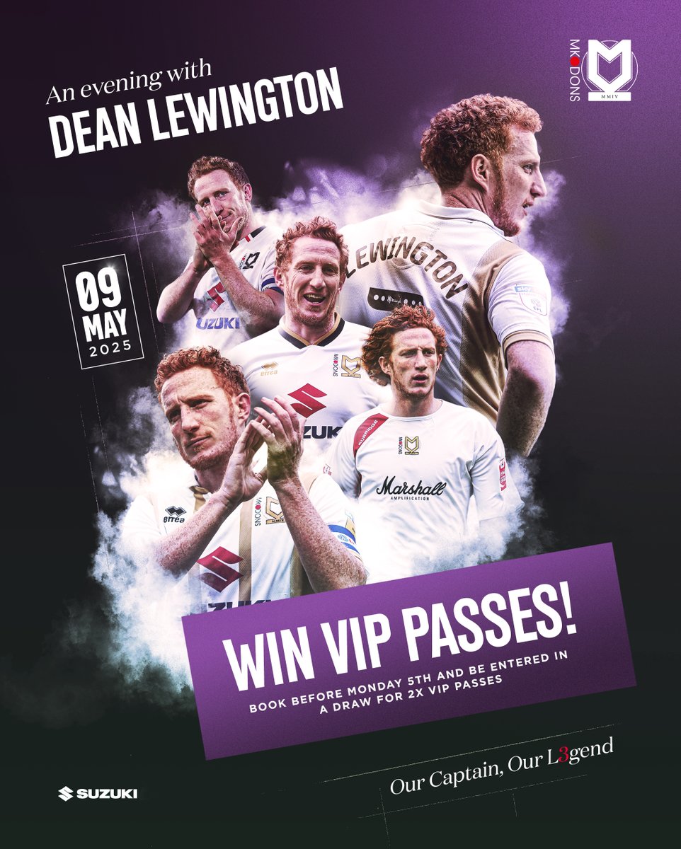 Win 2x VIP passes! 🙌

Get your ticket for An Evening with Dean Lewington before Monday and you’ll be entered into a draw to win 2x VIP passes, including exclusive access to the VIP reception with Dean and special guests 👀

Already got your ticket? You're in the draw too!

🎟️