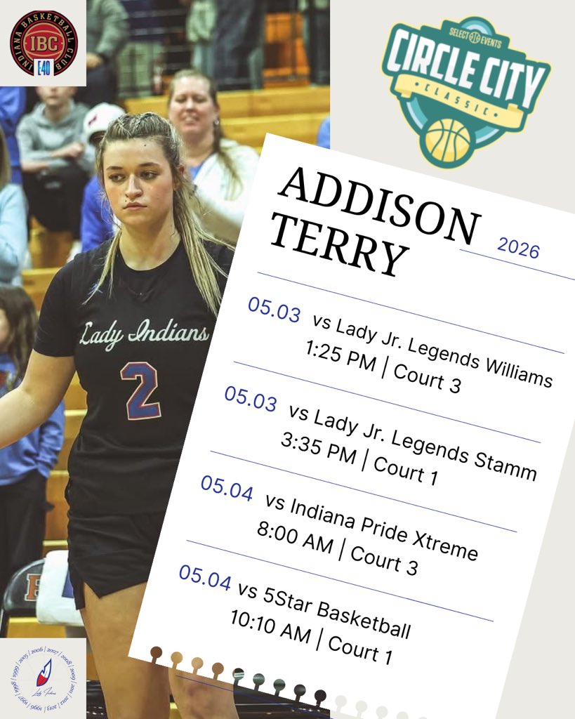 Montgomery County Lady Indians Basketball (@mchsladyhoops) on Twitter photo 2026 <a href="/AddisonTerry7/">Addison Terry</a> is in action this weekend with <a href="/IBC17UE40/">Indiana Basketball Club 17U E40</a>
Check out their schedule below ⬇️ 2026 <a href="/AddisonTerry7/">Addison Terry</a> is in action this weekend with <a href="/IBC17UE40/">Indiana Basketball Club 17U E40</a>
Check out their schedule below ⬇️