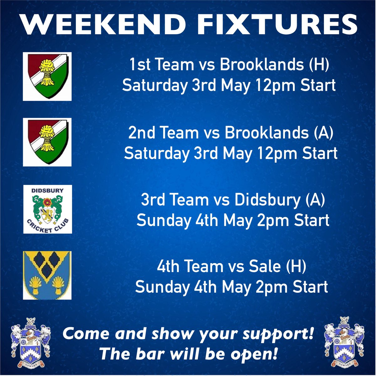 Hyde CSC๐ (@hydecc_sc) on Twitter photo WEEKEND FIXTURES (3rd & 4th May)
1s and 2s both face <a href="/Brooklands_CC/">Brooklands Cricket</a>
3s are away to <a href="/DidsburyCC/">Didsbury CricketClub</a>
4s kick off their season at home to <a href="/SaleCricketClub/">SaleCricketClub</a>
Good luck to all four teams - come and show your support ๐ WEEKEND FIXTURES (3rd & 4th May)
1s and 2s both face <a href="/Brooklands_CC/">Brooklands Cricket</a>
3s are away to <a href="/DidsburyCC/">Didsbury CricketClub</a>
4s kick off their season at home to <a href="/SaleCricketClub/">SaleCricketClub</a>
Good luck to all four teams - come and show your support ๐