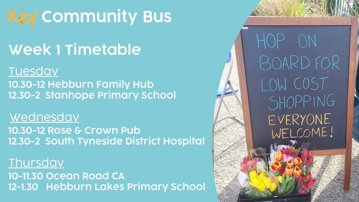 KeyCommunityNE's tweet image. Hop aboard next week for amazing deals on food &amp;amp; household items! All welcome. Cash, cards &amp;amp; healthy start vouchers accepted. Pls BYOB &amp;amp; if you enjoy shopping with us - tell all your family &amp;amp; friends! 😊

#keycommunitybus #shoplocal #southtyneside #timetable #week1