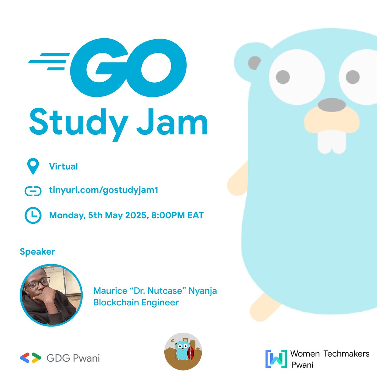 GDG Pwani (@gdg_pwani) on Twitter photo Build simple, secure, scalable systems! ✨🔒
Join our first session virtually, in collaboration with <a href="/nairobi_gophers/">Nairobi Gophers</a>, to kick off 5 weeks of learning Go this coming Monday, with <a href="/nut3case/">Dr nutCase</a> as our facilitator.
RSVP: tinyurl.com/gostudyjam1
#Go #GoLang #GDGPwani #WTMPwani Build simple, secure, scalable systems! ✨🔒
Join our first session virtually, in collaboration with <a href="/nairobi_gophers/">Nairobi Gophers</a>, to kick off 5 weeks of learning Go this coming Monday, with <a href="/nut3case/">Dr nutCase</a> as our facilitator.
RSVP: tinyurl.com/gostudyjam1
#Go #GoLang #GDGPwani #WTMPwani